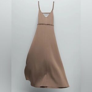 ZARA Backless Tan Knit V-neck Maxi Dress Strappy Open Back Size S